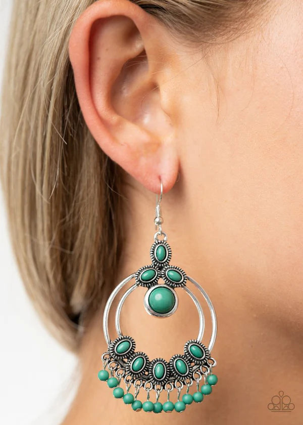 Palm Breeze - Oversized Ultramarine Green Airy Embellished Accent Fringe Hoop Earrings E#342