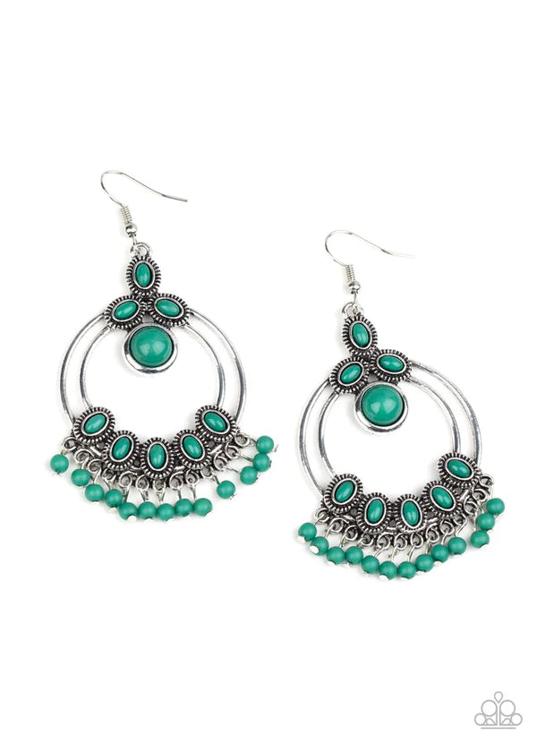 Palm Breeze - Oversized Ultramarine Green Airy Embellished Accent Fringe Hoop Earrings E#342