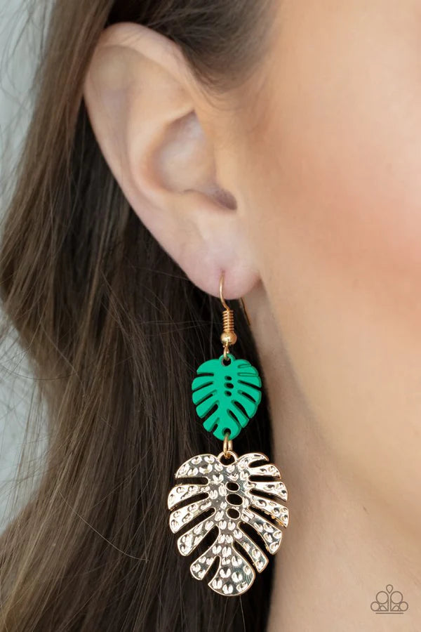 Palm Tree Cabana - Mint Green Island 3D Palm Leaf Hammered Earrings E#719
