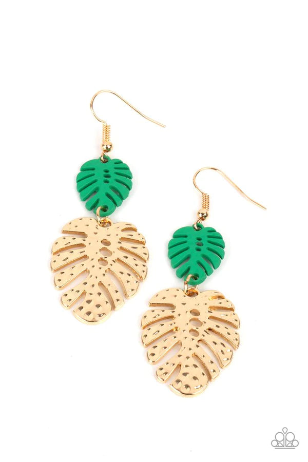 Palm Tree Cabana - Mint Green Island 3D Palm Leaf Hammered Earrings E#719