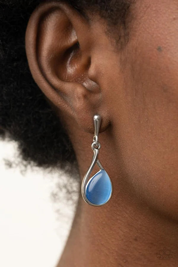 Pampered Glow Up - Blue Cat's Eye Moonstone Askance Bulb Teardrop Earrings E#241