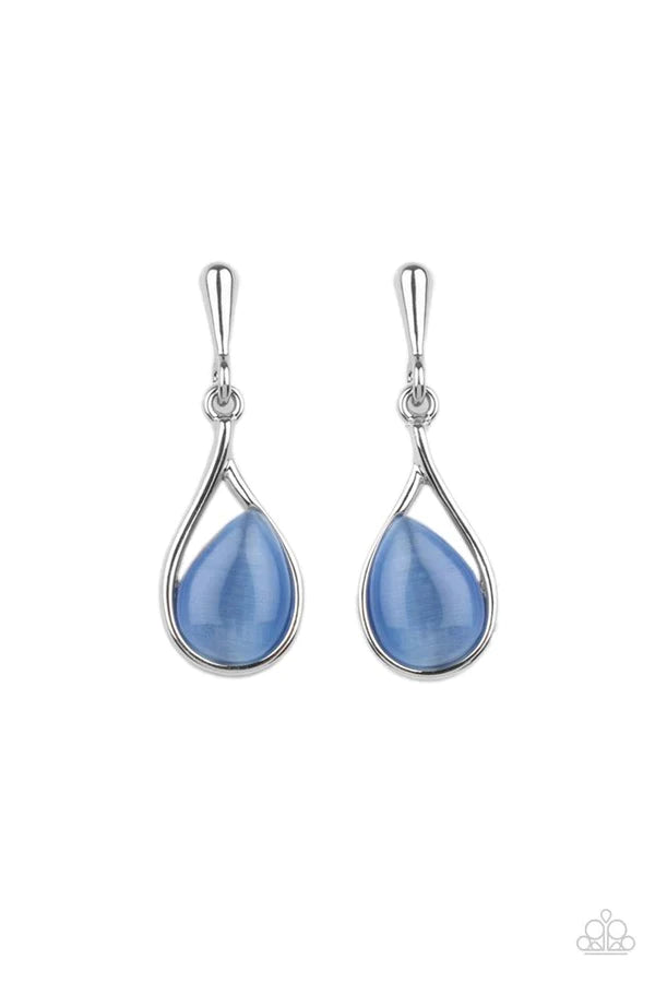 Pampered Glow Up - Blue Cat's Eye Moonstone Askance Bulb Teardrop Earrings E#241