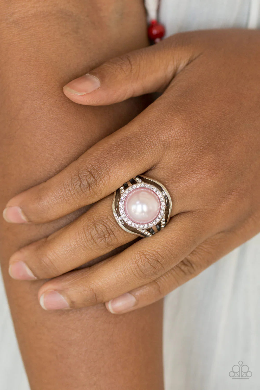 Pampered In Pearls - Oversized Pink Metallic Pearl Drop Flare Encrusted Ring R#710