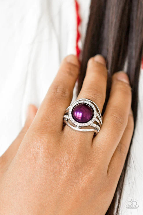 Pampered In Pearls - Oversized Purple Metallic Pearl Drop Flare Encrusted Ring R#2230