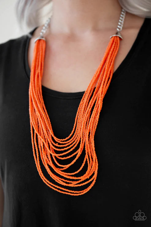 Peacefully Pacific - Oversized Orange Infused Layered Seed Bead Necklace N#1672