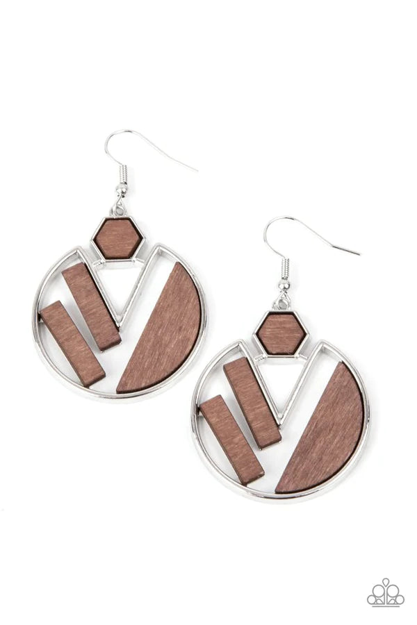 Petrified Posh - Brown/Silver Flat Geometric Wooden Earrings E#595