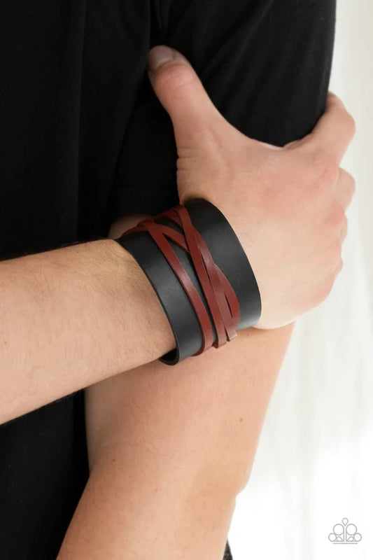 Pirate Plunder - Oversized Black/Red Rugged Pirate CrissCross Studded Leather Urban Bracelet B#333