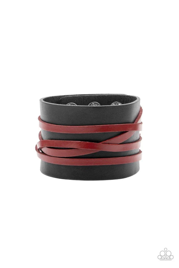 Pirate Plunder - Oversized Black/Red Rugged Pirate CrissCross Studded Leather Urban Bracelet B#333