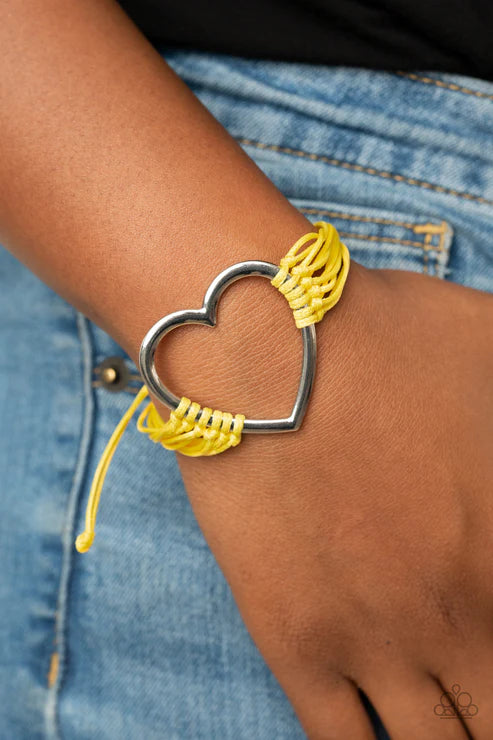 Playing With My HEARTSTRINGS - Oversized Yellow Airy 3D Heart Knotted Cord Bracelet B#2057