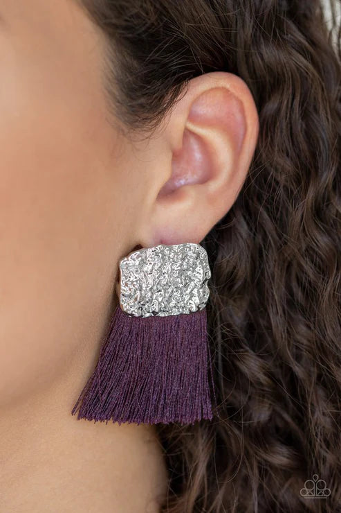 Plume Bloom - Purple Plume Thread Streams Hammered Tassel Earrings E#1683