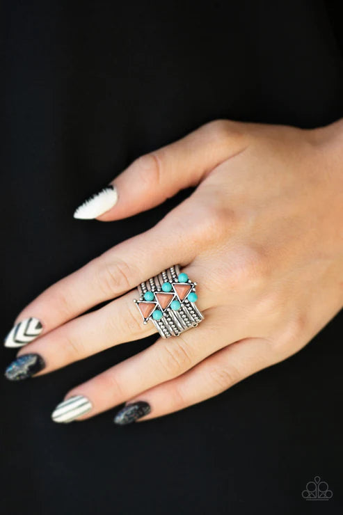 Point Me To Phoenix - Brown (Blue/Brown) Phoenix Round Studded Textured Indigenous Tribal Stone Ring R#205