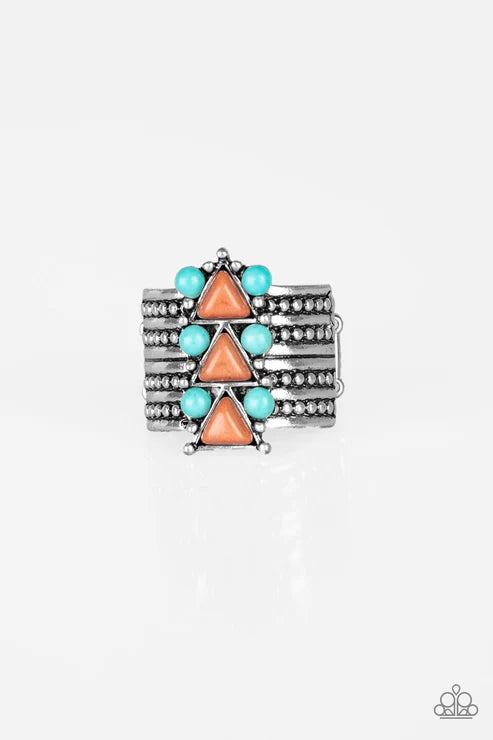 Point Me To Phoenix - Brown (Blue/Brown) Phoenix Round Studded Textured Indigenous Tribal Stone Ring R#205