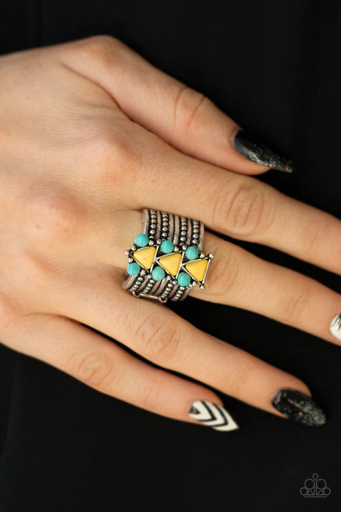 Point Me To Phoenix - Yellow (Blue/Yellow) Phoenix Round Studded Textured Indigenous Tribal Stone Ring R#1770