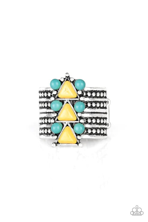 Point Me To Phoenix - Yellow (Blue/Yellow) Phoenix Round Studded Textured Indigenous Tribal Stone Ring R#1770