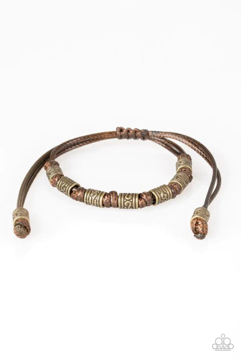 Port Of Call - Brown/Brass Ornate Knotted Cord Sliding Knot Closure Urban Bracelet B#1940