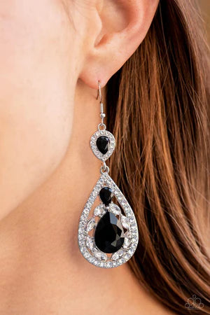 Posh Pageantry - Oversized Black Trio Encrusted Lure Teardrop Link Earrings E#454