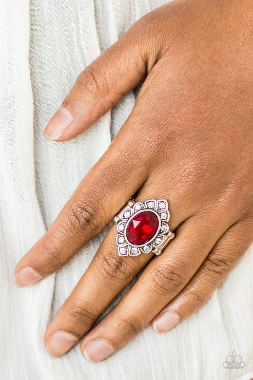 Power Behind The Throne - Fiery Red Glassy Marquise Regal Encrusted Ring R#1950