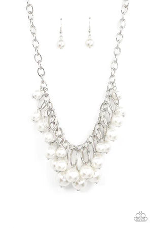 Powerhouse Pose - Oversized White Pearl Dance Oval Cluster Fringe Necklace  N#934