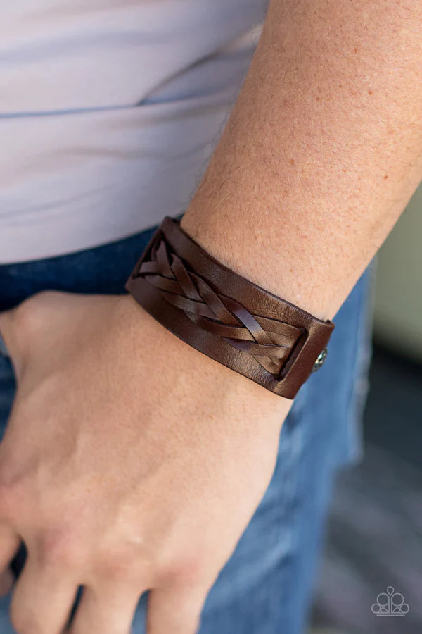 Practical Pioneer - Brown Hammered Studded Braided Lace Leather Urban Bracelet B#235