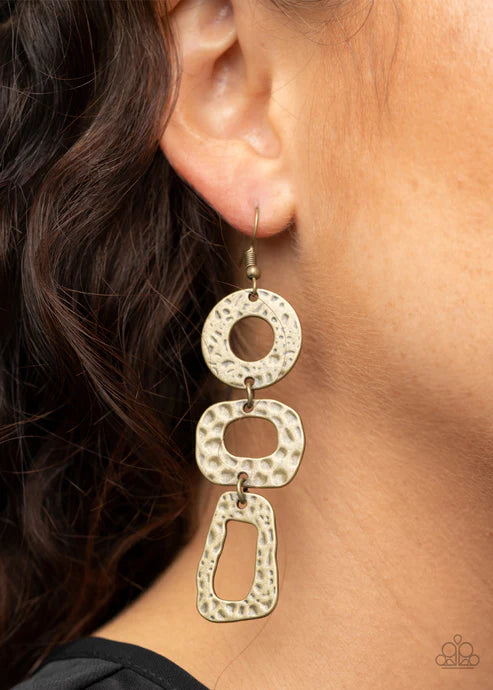 Prehistoric Prowl - Oversized Brass Asymmetrical Trio Imperfect Hammered Earrings E#1555