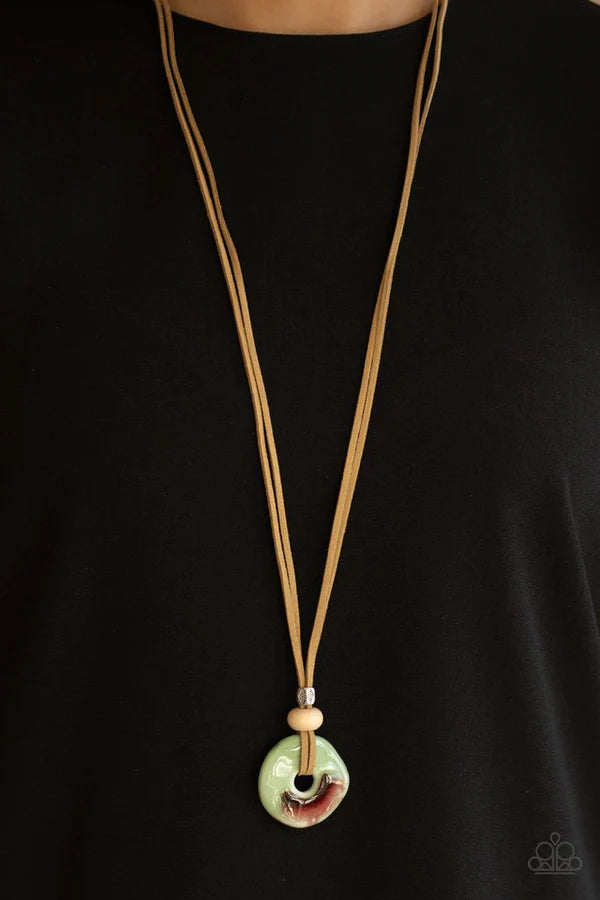 Primal Paradise - Green Asymmetrical Ceramic Disc Suede Necklace N#253