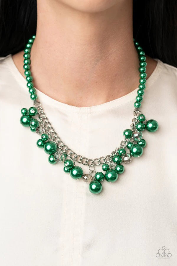 Prim and POLISHED - Oversized Green/Smoky Metallic Pearl Cluster Flecked Crystal Fringe Necklace N#994