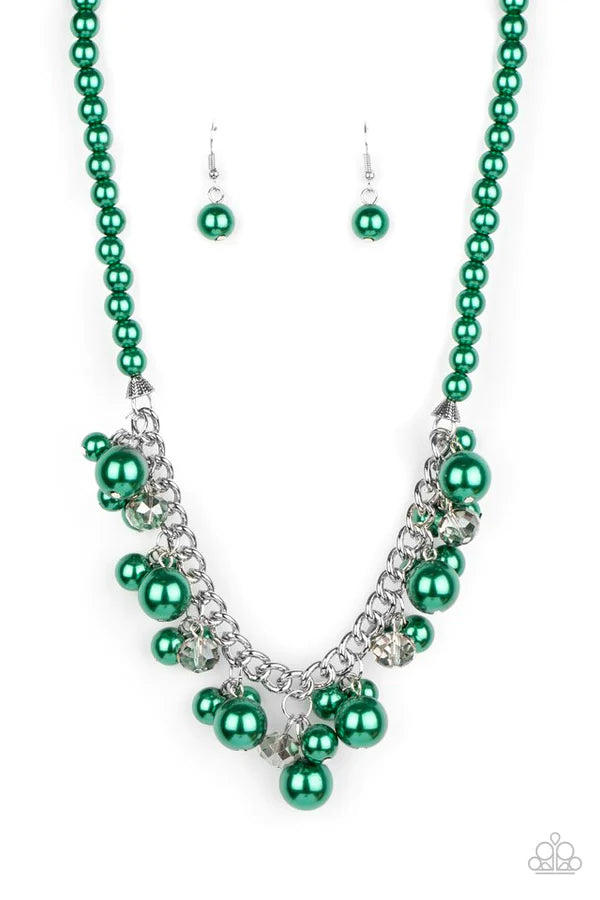 Prim and POLISHED - Oversized Green/Smoky Metallic Pearl Cluster Flecked Crystal Fringe Necklace N#994