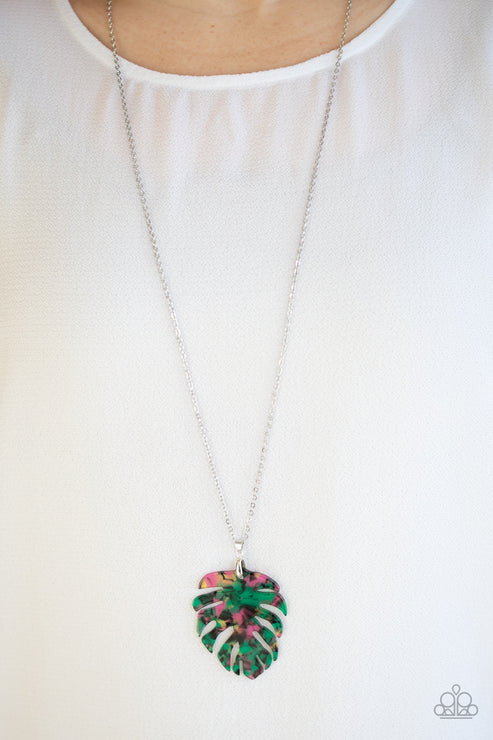 Prismatic Palms - Oversized Green Multi Speckled 3D Leaf Necklace N#2581