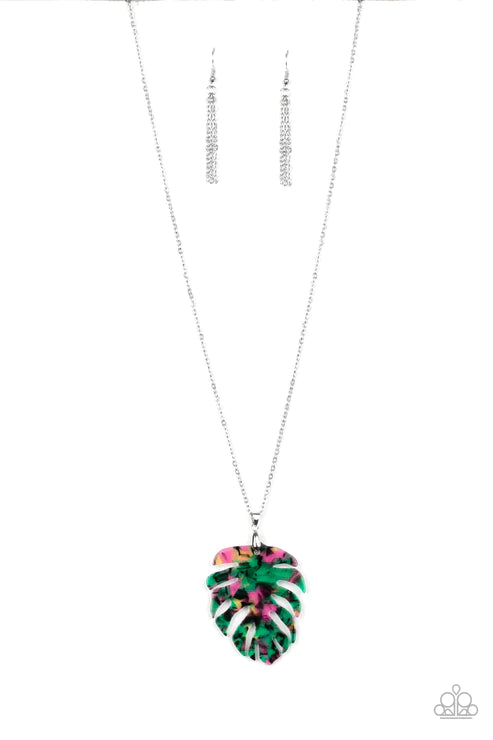 Prismatic Palms - Oversized Green Multi Speckled 3D Leaf Necklace N#2581