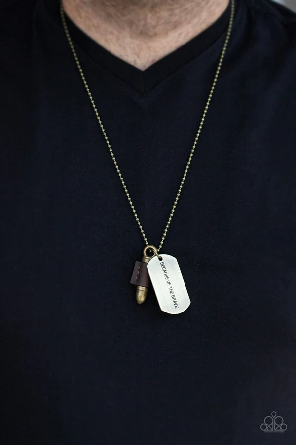 Proud Patriot - Oversized Brown/Brass 3D Studded Bullet/Dog Tag Stamped Patriotic "Because of the Brave" Ball Chain Clasp Leather Urban Necklace N#1153