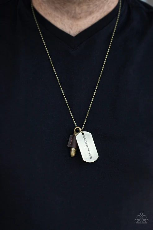 2-Piece Oversized Brown/Brass 3D Studded Bullet/Dog Tag Stamped Patriotic "Because of the Brave" Ball Chain Clasp Leather Urban Set  SET#1742