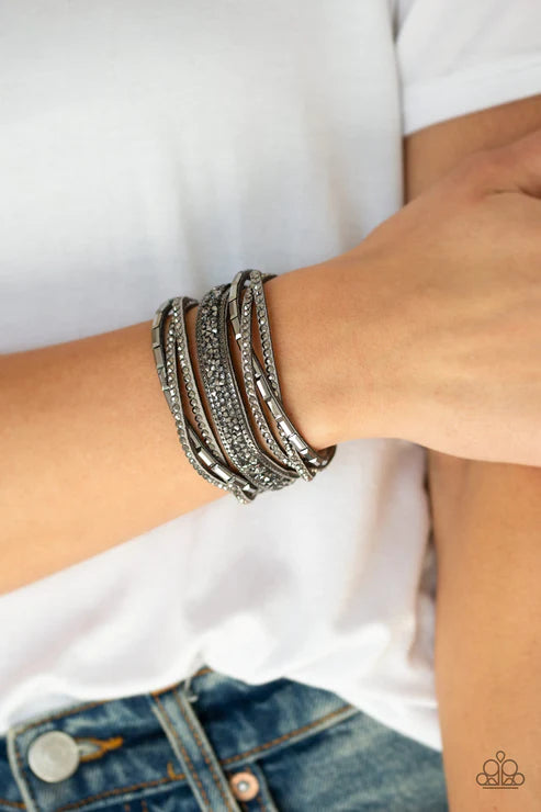 Punk Prowess - Silver Spliced Hematite Encrusted Braid Suede Wrap Adjustable Snap Closure Bracelet B#1598
