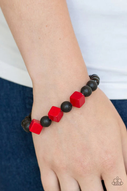 Purpose - Red/Black Wooden Lava Rock Cubes Urban Bracelet B#1297