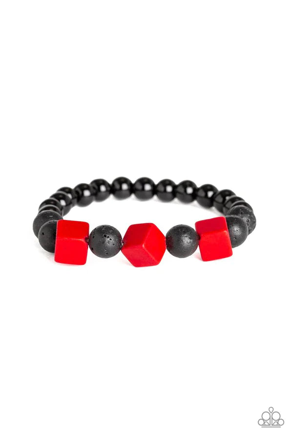 Purpose - Red/Black Wooden Lava Rock Cubes Urban Bracelet B#1297