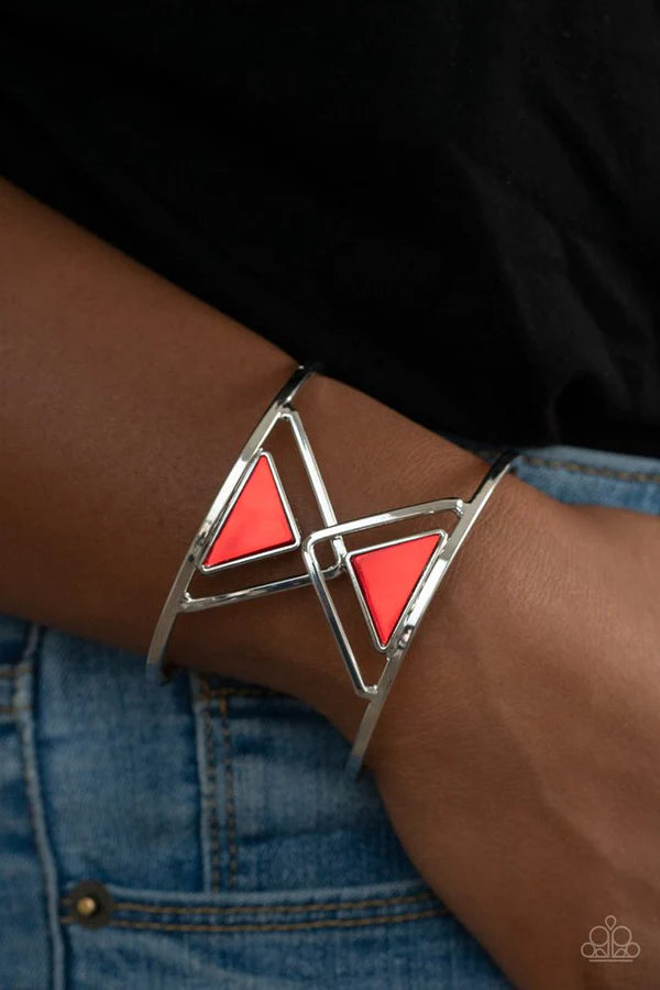 Pyramid Palace - Oversized Red Iridescent Airy Duo Overlapped Dotted Triangle Pyramid Cuff Bracelet B#076
