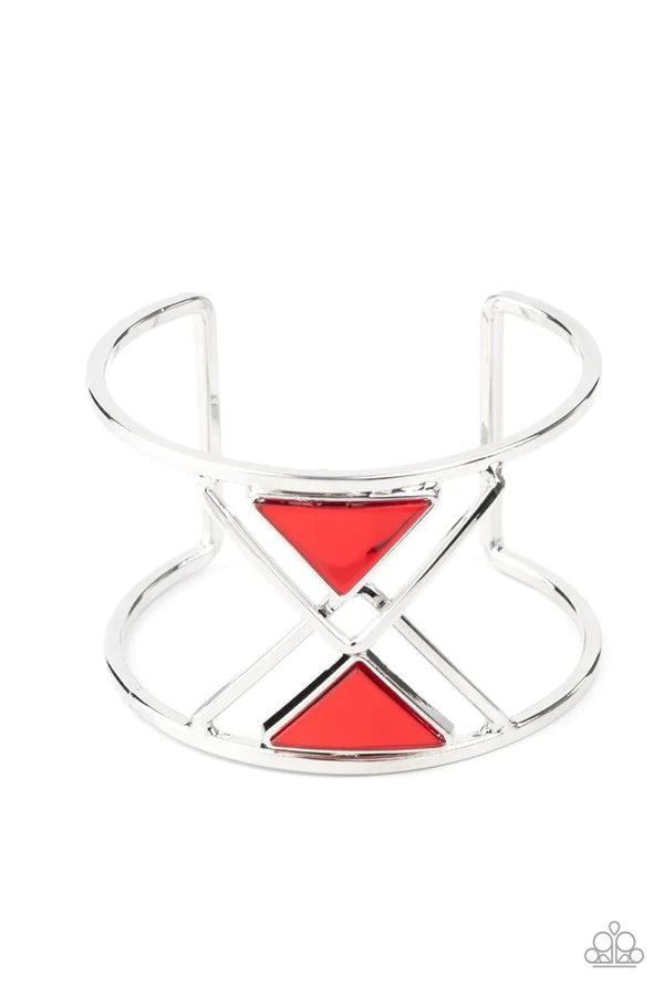 Pyramid Palace - Oversized Red Iridescent Airy Duo Overlapped Dotted Triangle Pyramid Cuff Bracelet B#076