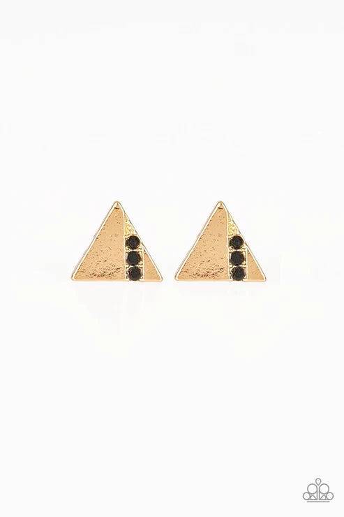 Pyramid Paradise - Black/Gold Trio Encrusted Stacked Edge Triangle Earrings E#2456