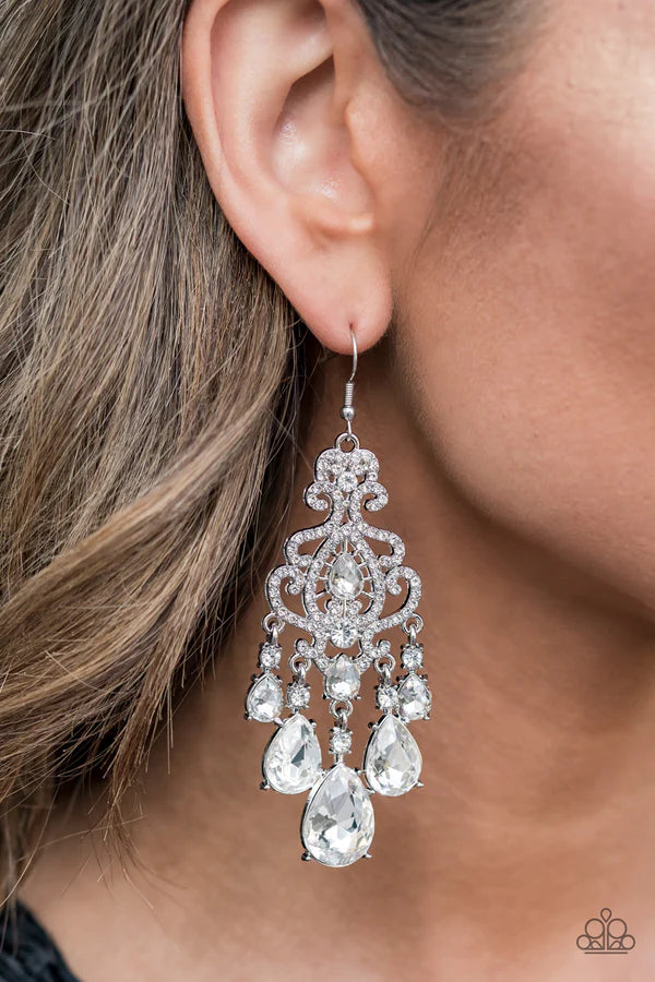 Queen Of All Things Sparkly - Oversized White Decorative Swirl Teardrop Fringe Earrings E#1460