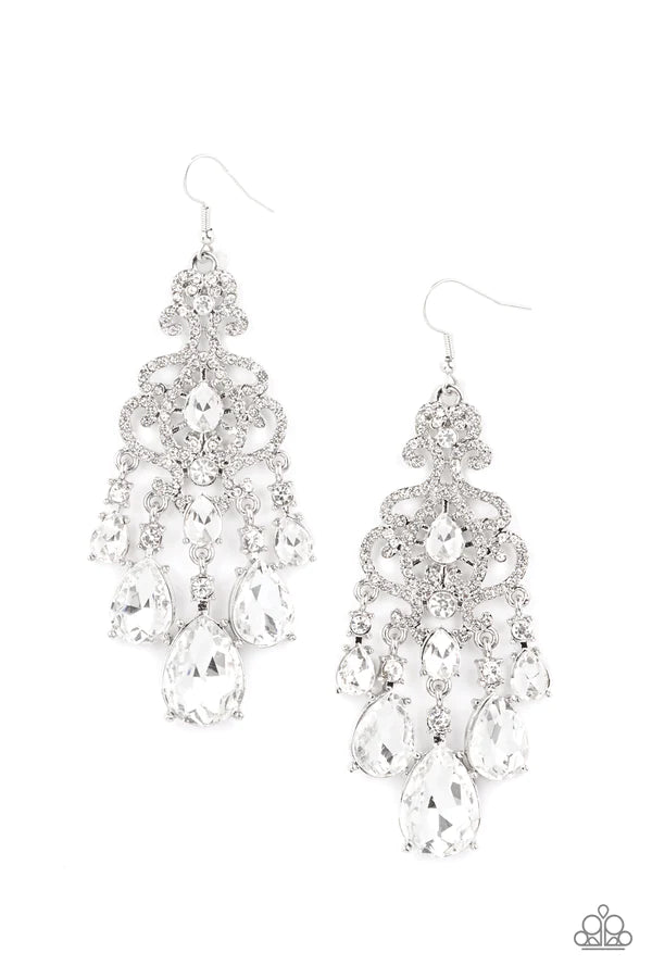 Queen Of All Things Sparkly - Oversized White Decorative Swirl Teardrop Fringe Earrings E#1460