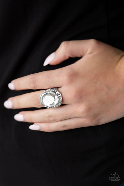 Queen Scene - Oversized White Dramatic Round Encrusted Ring R#1960