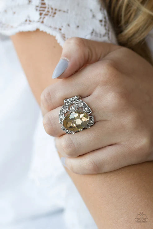 Queen of Hustle - Oversized Golden Brown Topaz Encrusted Filigree Ring R#2035