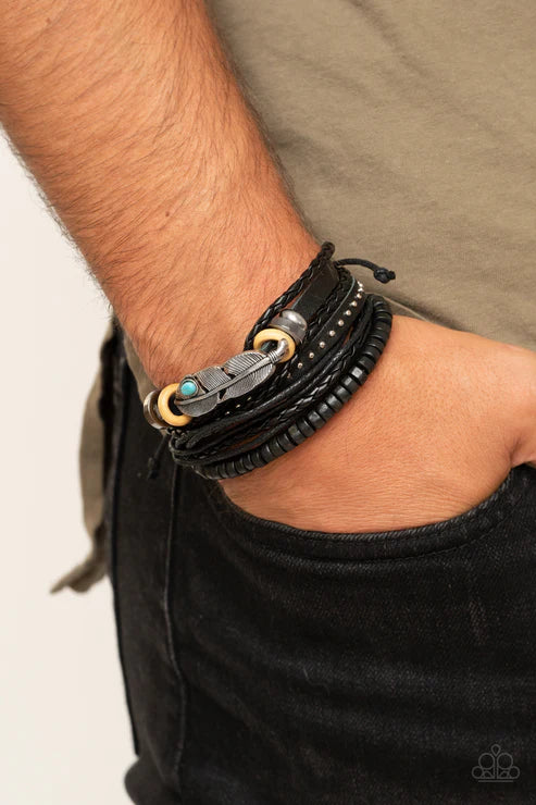 Quill Quarry - Blue 3D Leaf Wooden/Stone Knotted Accent Leather Adjustable Sliding Knot Closure Urban Bracelet B#2062