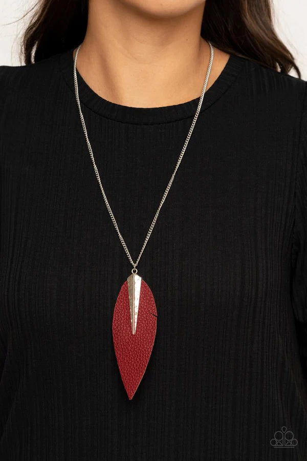 Quill Quest - Oversized Red Hammered Hammered Pinched 3D Spliced Feathery Leaf Leather Necklace N#551
