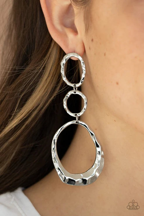 Radically Rippled - Oversized Silver Trio Asymmetrical Hammered Hoop Earrings E#1798