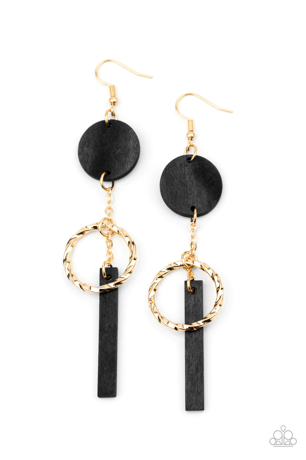 Raw Refinement - Black/Gold Round/Rectangular Twisted Hoop Wood Earrings #299
