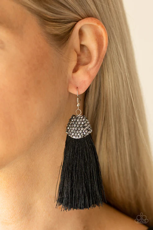 Razzle Riot - Oversized Black Hematite Encrusted Flared Tassel Earrings E#1796