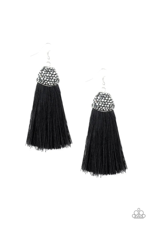 Razzle Riot - Oversized Black Hematite Encrusted Flared Tassel Earrings E#1796