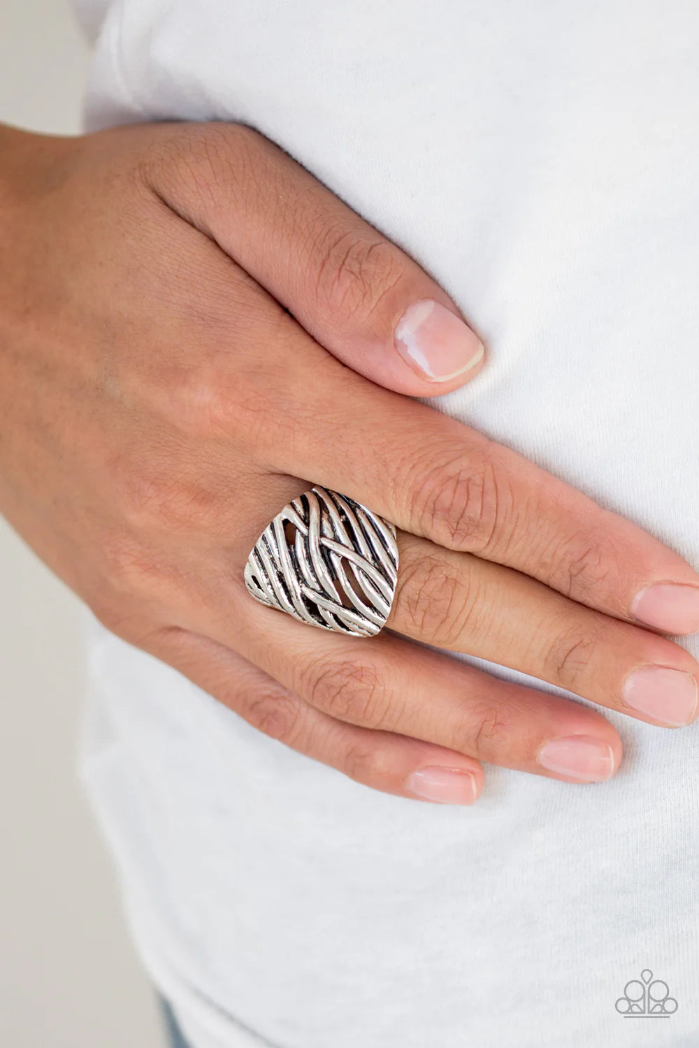 Really Riveting - Oversized Silver Antiqued CrissCross Ring R#1201