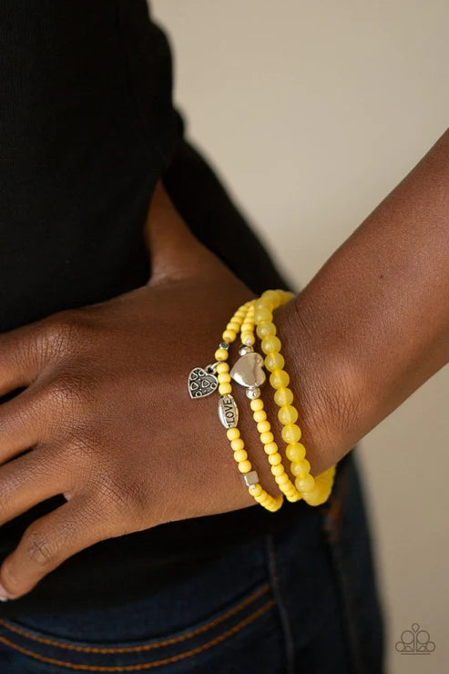 Really Romantic - Yellow Infused 3D Heart/"Love" Adorn Charm Accent Bracelet Stack B#1603