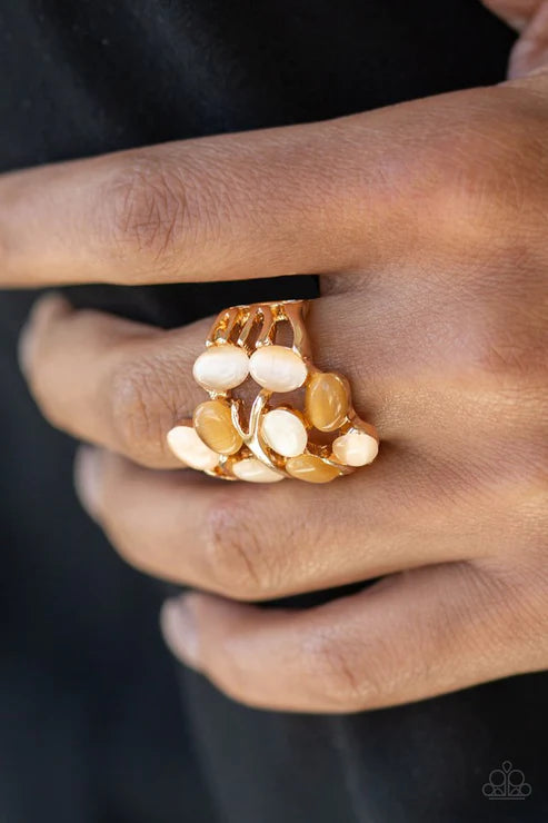 Really Starting To GLOW On Me - Oversized Gold/Multi Scattered Cat's Eye Moonstone Ring R#1768